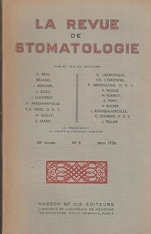 Bild des Verkufers fr La Revue de Stomatologie - 38e anne - N 3 - Mars 1936 zum Verkauf von LIBRAIRIE PIMLICO