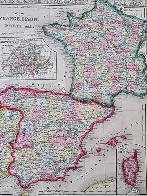 Western Europe France Spain Portugal Switzerland 1860 Mitchell hand colored map