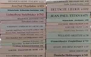 Bild des Verkufers fr Insel taschenbuch klassiker. LOTTO Costituito da 33 volumi: --Hoffmann E.T.A. Der Goldne Topf. pp.180. --Hoffmann E.T.A. Nachtstucke. pp.370. --Hoffmann E.T.A. Die Abenteuer der Silvesternacht. pp.80. --Wilhelm Raabe. Krahenfelder Geschichten. pp.314. --Wilhelm Raabe. Alterchausen. pp.275. --Theoder Fontane. Der Stechlin. pp.510. --Theoder Fontane. L'Adultera. pp.230. --Jean Paul. Flegeljahre. Eine biographie, mit einem Nachwort von Herman Meyer. pp. 600. --Jean Paul. Titan. pp.910. --Goethe, J.W. Erotische Gedichte. pp. 254. --Goethe, J.W. Italienische Reise. pp.820. --Goethe, J.W. Faust. pp.272. --Goethe. De Mann von Funfzig Jahren. pp.120. --Heinrich Heine. Italien 1828. pp. 308. --Heine,Heinrich. Der Rabbi von Bacherach. pp.110. --Heine,Heinrich. Romanzero. pp.286. --Heine,Heinrich. Deutschland ein Wintermarchen. pp.126. --Deutsche Lieder.pp.880. --Lichtenberg, G.C. Sudelbucher.pp.670. --Holderlin,Friedrich. Hyperion. pp.240. --Eichendorff,Joseph Von. Gedichte. pp.270. --Eckermann, zum Verkauf von FIRENZELIBRI SRL