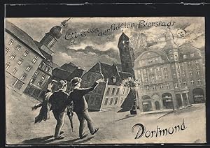 Wirtshaus-Ansichtskarte Dortmund, Platz mit fidelen Besuchern aus der Sicht eines Betrunkenen, Vo...