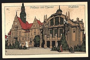 Steindruck-Ansichtskarte Bielefeld, Rathaus und Theater