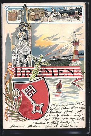 Lithographie Bremen, Leuchtturm, Roland, Dampfer, Wappen