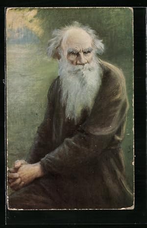 Bild des Verkufers fr Knstler-Ansichtskarte Leo Tolstoi sitzend in einem Garten zum Verkauf von Bartko-Reher