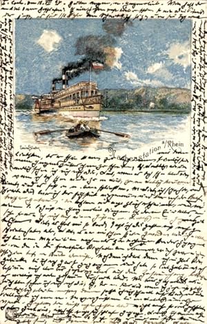 Künstler Ansichtskarte / Postkarte Dampfer auf dem Rhein, Ruderboot