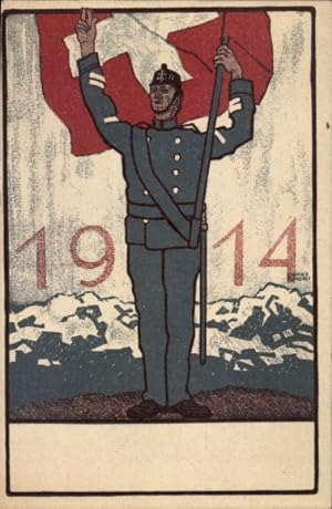 Künstler Ansichtskarte / Postkarte Schweizer Soldat mit Landesflagge, 1914