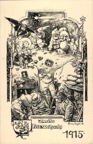 Künstler Ansichtskarte / Postkarte Vogel, Zweite Feld-Weihnacht 1915, Soldaten im Unterstand, Wei...