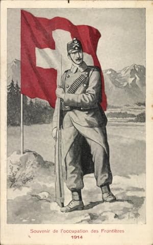 Ansichtskarte / Postkarte Schweizer Soldat mit Fahne, Grenzbesetzung 1914