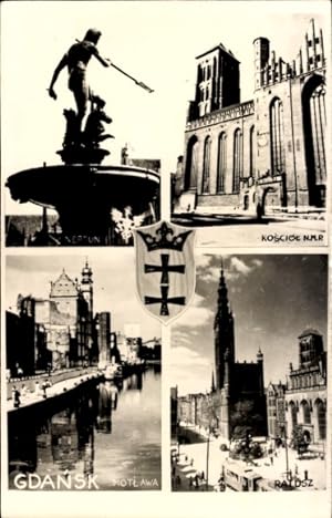 Ansichtskarte / Postkarte Danzig, Neptunbrunnen, Rathaus, Marienkirche