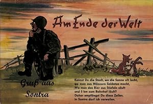 Imagen del vendedor de Ansichtskarte / Postkarte Boostedt in Schleswig Holstein, Soldat, Hase und Igel, Am Ende der Welt a la venta por akpool GmbH