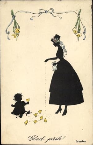 Scherenschnitt Ansichtskarte / Postkarte Glückwunsch Ostern, Frau und Mädchen füttern Küken