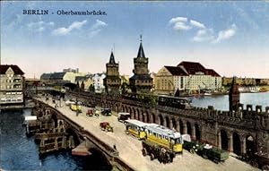 Ansichtskarte / Postkarte Berlin Friedrichshain Kreuzberg, Oberbaumbrücke, Hochbahn, Straßenbahn