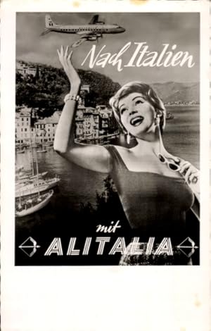 Ansichtskarte / Postkarte Italienisches Flugzeug, Werbung Nach Italien mit Alitalia