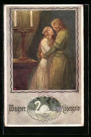 Ansichtskarte Wagner, Lohengrin umarmt Mädchen