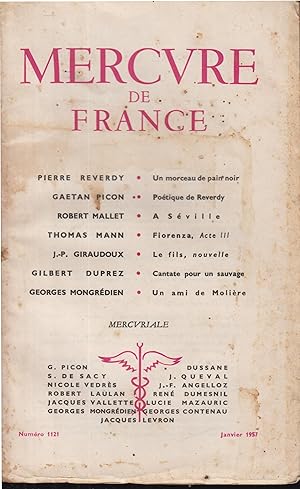 Image du vendeur pour Mercure de France n 1121 janvier 1957 mis en vente par Librairie Lalibela