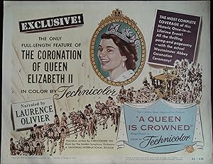 Imagen del vendedor de A Queen is Crowned Lobby Title Card 1953 Queen Elizabeth II, Laurence Olivier a la venta por AcornBooksNH