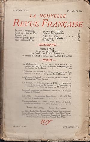 Immagine del venditore per La Nouvelle Revue Franaise Juillet 1932 N 226 venduto da Librairie Lalibela