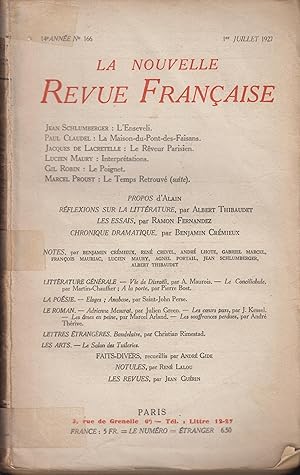 Immagine del venditore per La Nouvelle Revue Franaise Juillet 1927 N 166 venduto da Librairie Lalibela