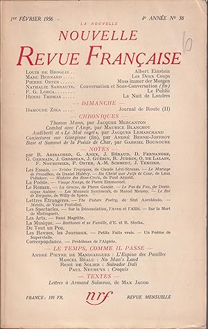 Imagen del vendedor de La Nouvelle Revue Franaise. - 4 Anne - N 38 - 1er Fvrier 1956. a la venta por Librairie Lalibela