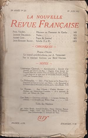 Imagen del vendedor de La Nouvelle Revue Franaise - 1er juin 1932 - 20me anne n225 a la venta por Librairie Lalibela