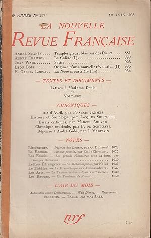 Immagine del venditore per La Nouvelle Revue Franaise Juin 1938 N 297 venduto da Librairie Lalibela