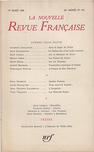 Seller image for La Nouvelle Revue Franaise Mars 1968 N 183 for sale by Librairie Lalibela