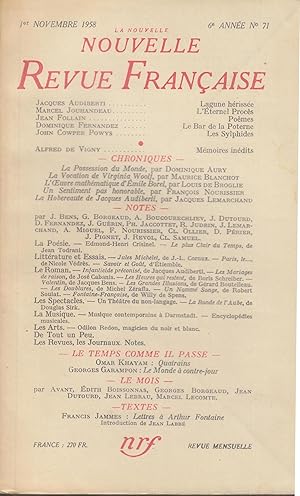 Bild des Verkufers fr La Nouvelle Revue Franaise - 6e anne - N 71 - 1er Novembre 1958. zum Verkauf von Librairie Lalibela