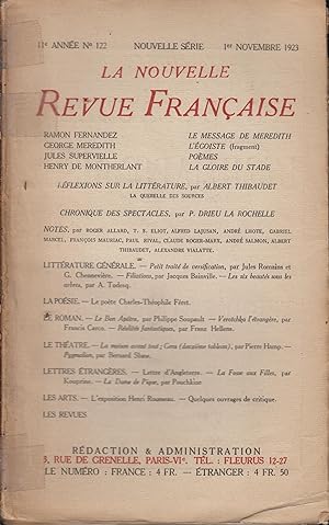 Imagen del vendedor de La Nouvelle Revue Franaise Novembre 1923 N 122 a la venta por Librairie Lalibela