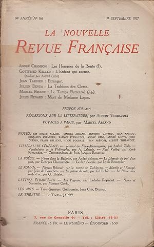 Immagine del venditore per La Nouvelle Revue Franaise Septembre 1927 N 168 venduto da Librairie Lalibela