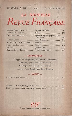 Seller image for La Nouvelle Revue Franaise Septembre 1942 N 343 for sale by Librairie Lalibela