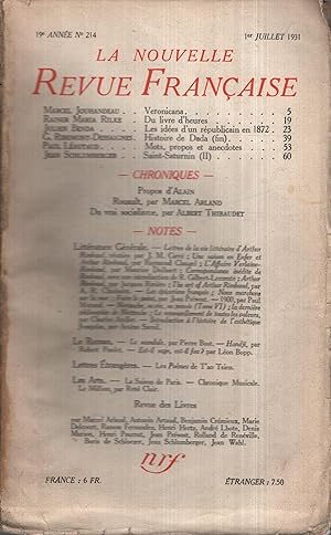 Bild des Verkufers fr La Nouvelle Revue Franaise Juillet 1931 N 214 zum Verkauf von Librairie Lalibela
