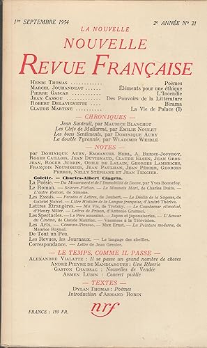 Imagen del vendedor de La Nouvelle Revue Franaise - 2e anne - N 21 - 1er Septembre 1954. a la venta por Librairie Lalibela