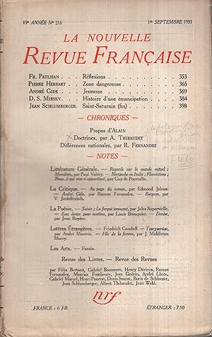 Seller image for La Nouvelle Revue Franaise Septembre 1931 N 216 for sale by Librairie Lalibela