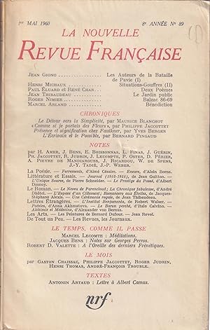 Imagen del vendedor de La Nouvelle Revue Franaise. - 8 Anne - N 89 - 1er Mai 1960. a la venta por Librairie Lalibela