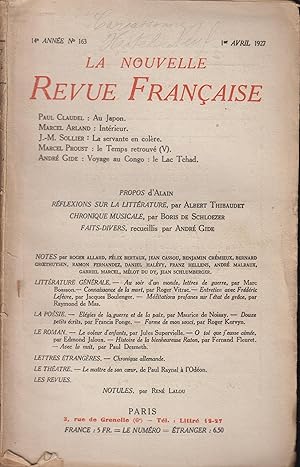 Imagen del vendedor de La Nouvelle Revue Franaise Avril 1927 N 163 a la venta por Librairie Lalibela