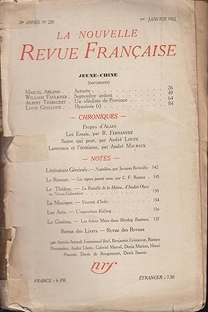 Imagen del vendedor de La Nouvelle Revue Franaise Janvier 1932 N 220 a la venta por Librairie Lalibela