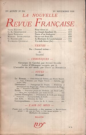 Immagine del venditore per La Nouvelle Revue Franaise Novembre 1939 N 314 venduto da Librairie Lalibela