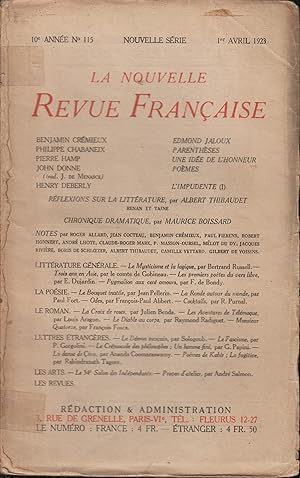 Bild des Verkufers fr La Nouvelle Revue Franaise Avril 1923 N 115 zum Verkauf von Librairie Lalibela