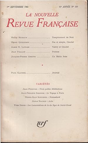 Bild des Verkufers fr La Nouvelle Revue Franaise Septembre 1968 N 189 zum Verkauf von Librairie Lalibela