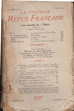 Bild des Verkufers fr La Nouvelle Revue Franaise Avril 1933 N 235 zum Verkauf von Librairie Lalibela