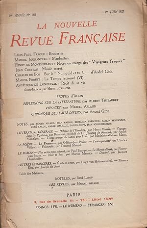 Immagine del venditore per La Nouvelle Revue Franaise Juin 1927 N 165 venduto da Librairie Lalibela