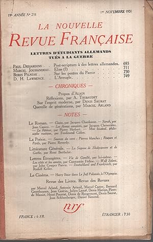 Bild des Verkufers fr La Nouvelle Revue Franaise Novembre 1931 N 218 zum Verkauf von Librairie Lalibela
