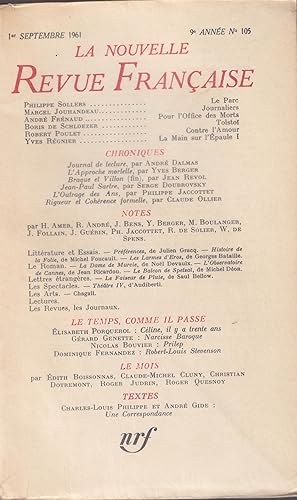 Imagen del vendedor de La Nouvelle Revue Franaise. - 9 Anne - N 105 - 1er Septembre 1961. a la venta por Librairie Lalibela