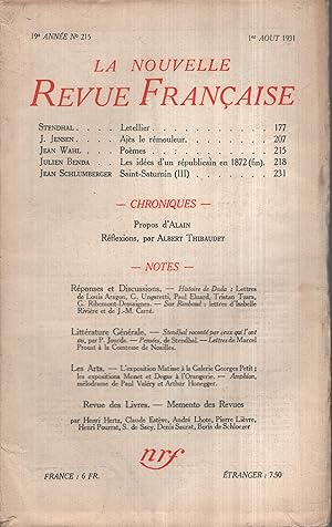 Imagen del vendedor de La Nouvelle Revue Franaise Aot 1931 N 215 a la venta por Librairie Lalibela