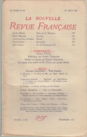 Bild des Verkufers fr La Nouvelle Revue Franaise - 16e anne N 191 - 1er Aot 1929. zum Verkauf von Librairie Lalibela