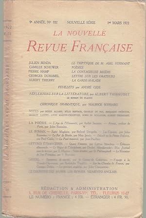 Bild des Verkufers fr La Nouvelle Revue Franaise - 9e anne, N 102 - Nouvelle Srie - 1er Mars 1922. zum Verkauf von Librairie Lalibela