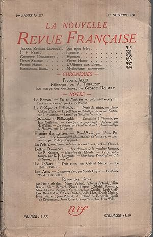 Immagine del venditore per La Nouvelle Revue Franaise Octobre 1931 N 217 venduto da Librairie Lalibela