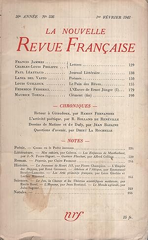 Imagen del vendedor de La Nouvelle Revue Franaise Fvrier 1942 N 336 a la venta por Librairie Lalibela