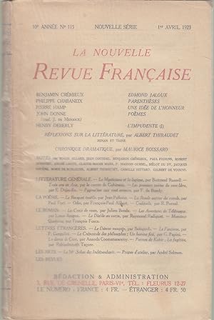 Bild des Verkufers fr La Nouvelle Revue Franaise - 10e anne N 115 - Nouvelle Srie - 1er Avril 1923. zum Verkauf von Librairie Lalibela