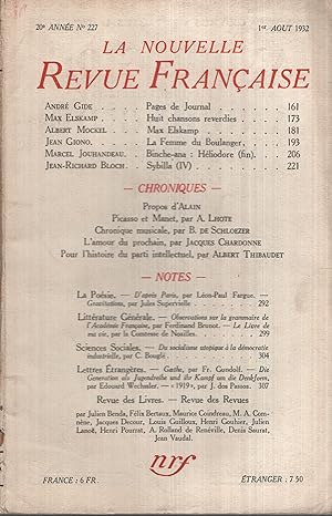 Bild des Verkufers fr La Nouvelle Revue Franaise Aot 1932 N 227 zum Verkauf von Librairie Lalibela