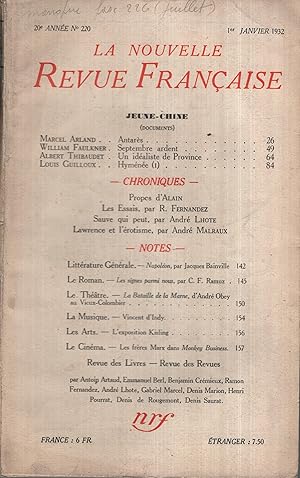 Seller image for La Nouvelle Revue Franaise Janvier 1932 N 220 for sale by Librairie Lalibela